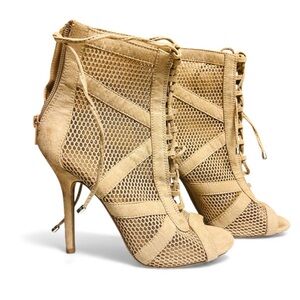 Elegant (Latin Dance Shoes )Tan Mesh Lace-Up High Heel booties , size 7 1/2